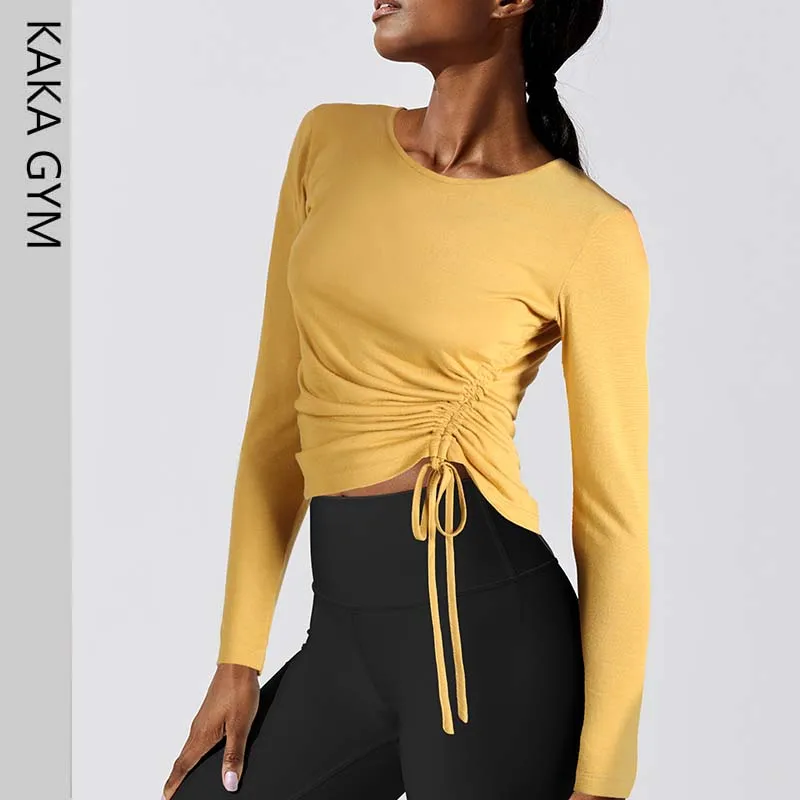 

Women Sexy Drawstring Sports T shirt Cropped Yoga Top Fitness T-shirt Soft Yoga top Running Shirts Workout clothing Sportswear