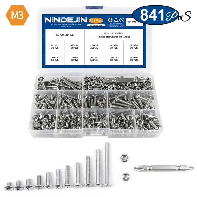 NINDEJIN Truss Round Head Screw Set Stainless Steel M3 M4 M5 Phillips Screw with Nuts Assortment Kit Machine Screw M3  841pcs