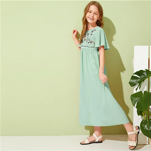 SHEIN/Детское платье для отдыха для девочек с вышивкой спереди и пуговицами; коллекция года; летние длинные платья трапециевидной формы с рукавом-бабочкой в стиле бохо для детей - Цвет: Зеленый