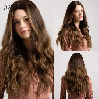 JONRENAU 24 Inches  Long Synthetic Natural Wave Brown Ombre Hair Wigs Heat Resistant Hair Wigs for Black Women 2