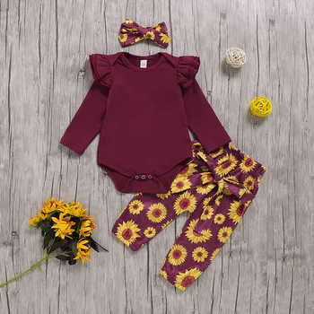 

Newborn Infant Baby Girls wine Romper Sunflower Floral Pants Headband Outfits Set baby girl pants infant clothes bodysuit