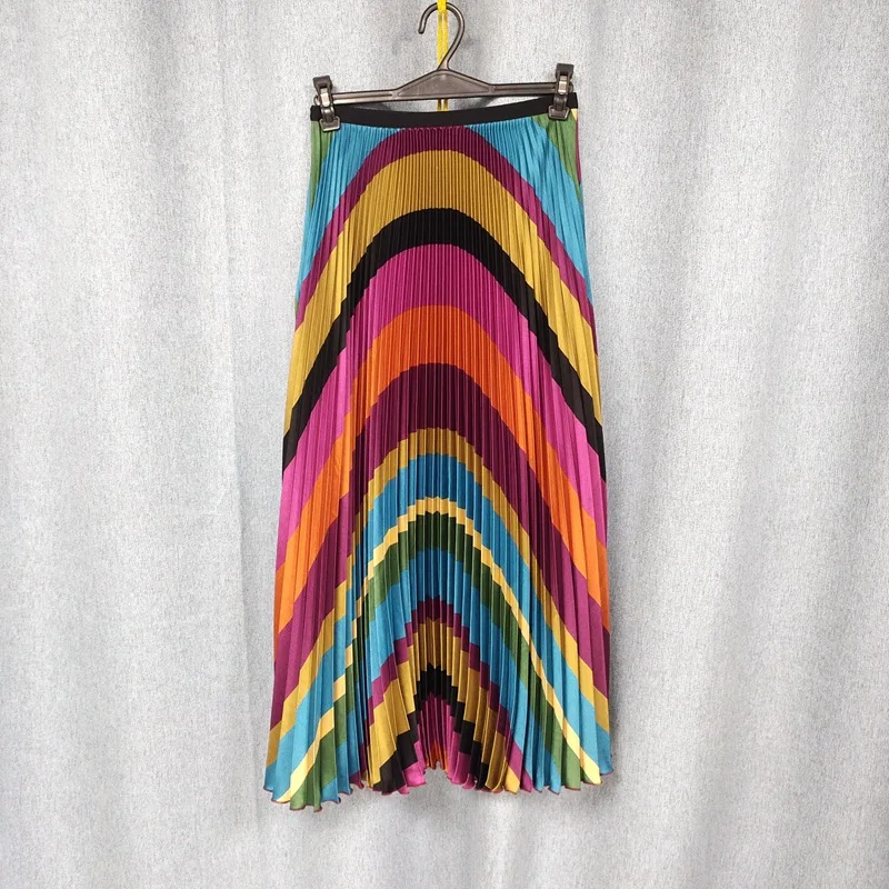 

Pleated Skirt Mid Length Summer New High Waist Stripe Shows Thin Elastic Waist Drop Feeling Versatile A-line Skirt