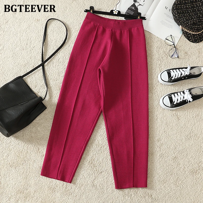 BGTEEVER зимние женские трикотажные брюки с эластичной резинкой на талии, прямые брюки, женские теплые толстые штаны-свитер, женские широкие брюки Mujer - Цвет: rose red