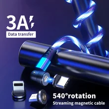 Diodo emissor de luz que flui a luz 540 gira o cabo magnético de carregamento do usb fulgor tipo c cabo cabo magnético micro carregador cabo cabo para iphone