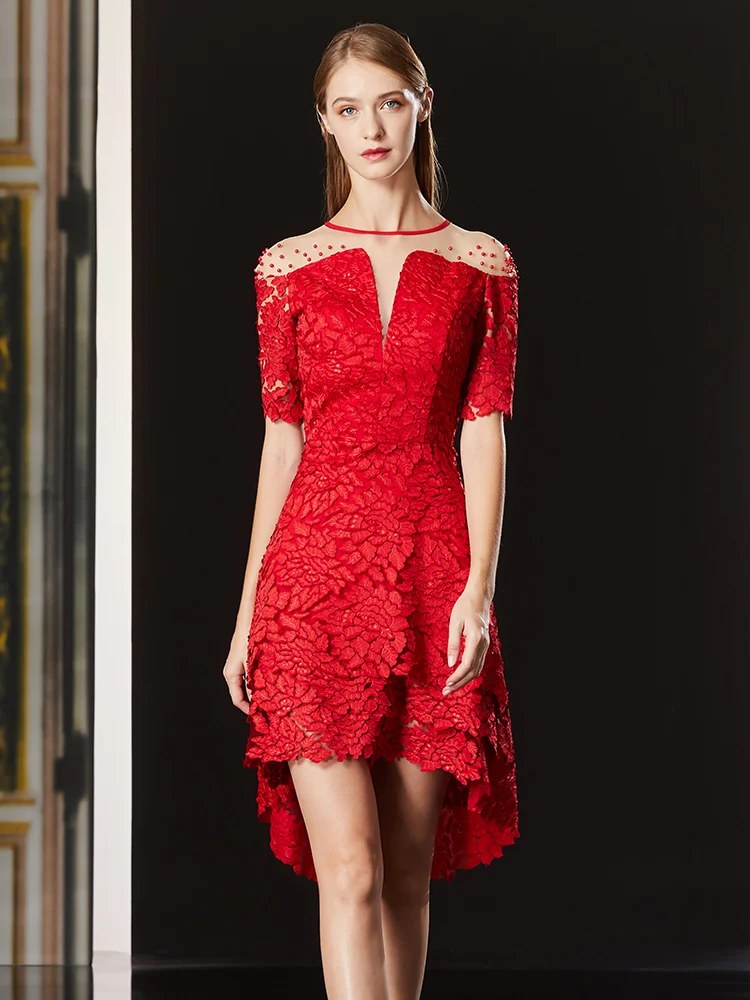 

tailor shop short front and long back small incense wind was thin waist red dress can usually wear red lace