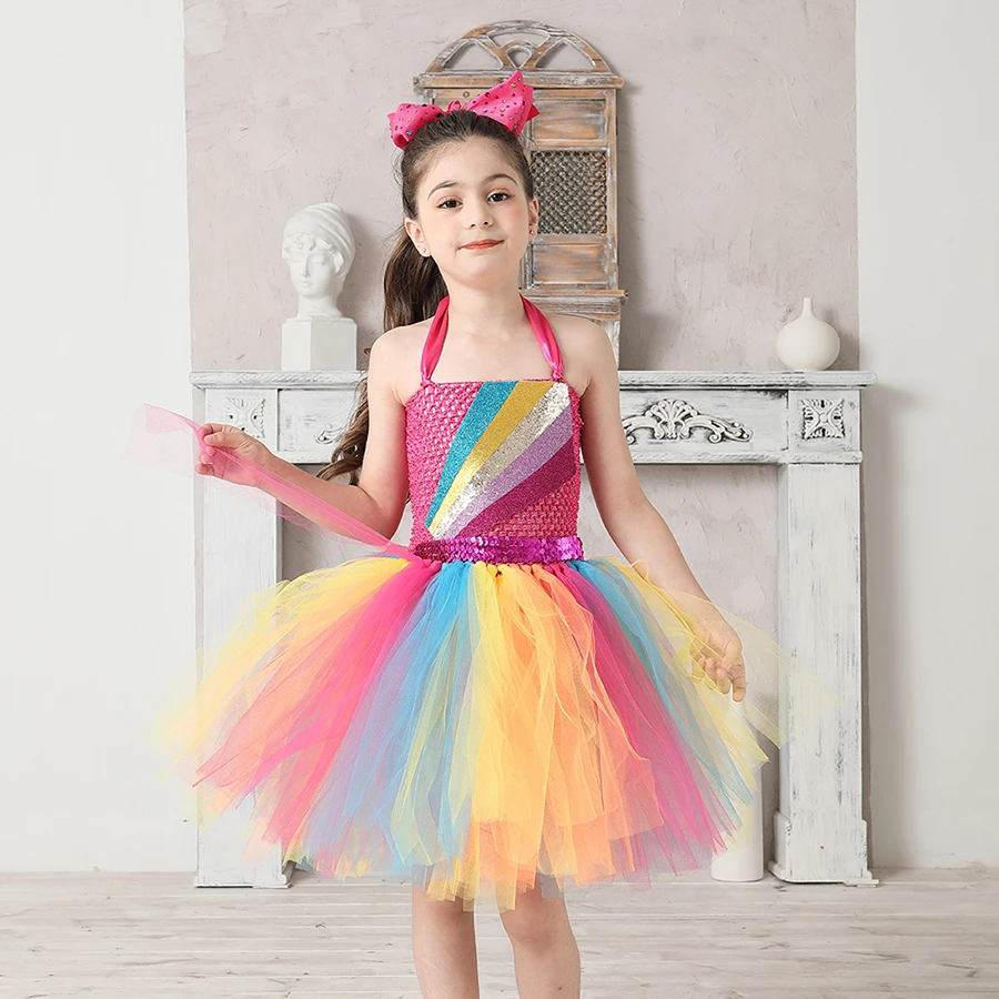 Jojo Siwa Inspired Girls Tutu Dress with Deluxe Bow Sparkly Rainbow Girls Princess Dress Kids Birthday Party Halloween Clothes (20)