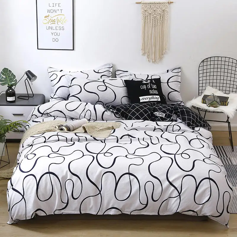

2020 New Black Curve Bedding Set Super King Duvet Cover Sets 3/4pcs Single Double Queen Size White Comforter Bed Linens Set