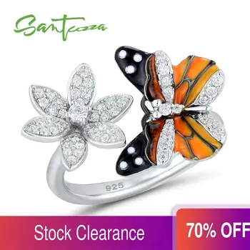 

SANTUZZA Silver Ring For Women 925 Sterling Silver Enamel Butterfly Flower Rings Cubic Zirconia Ringen Party Fashion Jewelry