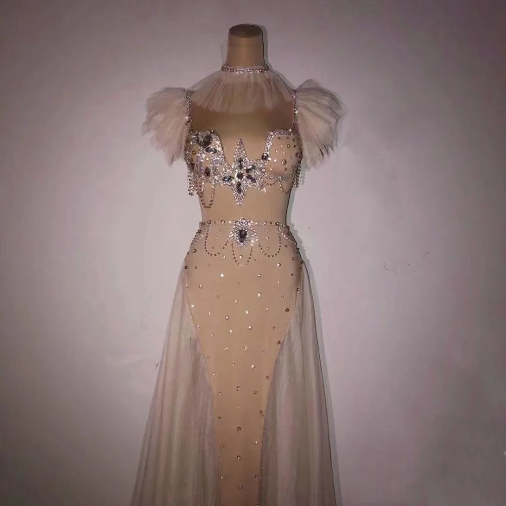 Сексуальные Серебряные стразы, Прозрачное платье, платье для дня рождения, Одежда для танцев, платье для выпускного вечера, длинное платье для певицы