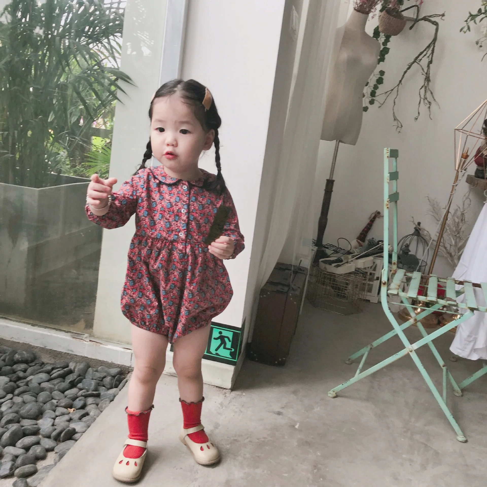 

Baby romper floral long sleeve cotton turn-down collar toddler kids rompers