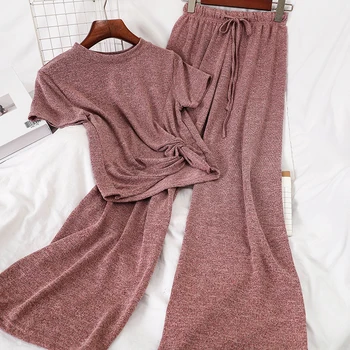 

Korean Women Two Piece Set Vintage 2020 Round Neck Short Sleeve T Shirts + Loose Lace Up Wide Leg Pants Ladies 2pcs Set Suit New