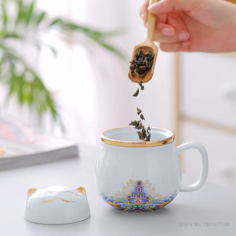 Chinese Cartoon Ceramic Cat Mug Office Teacup with Cover Separated Tea Cup for Tea Gift Cup 320ml , 1Pc
