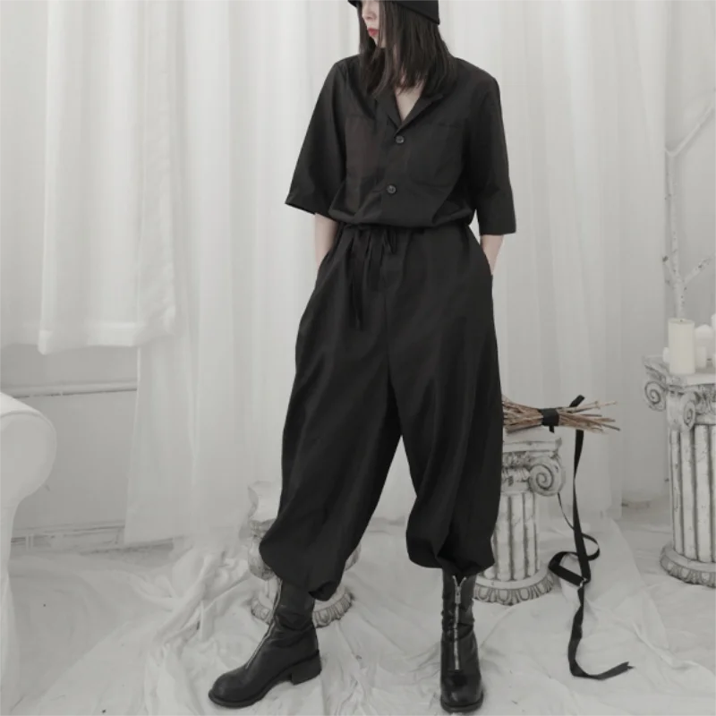 Spring and summer ladies solid color jumpsuit women's jumpsuit overalls rope waist short sleeve jumpsuit trousers