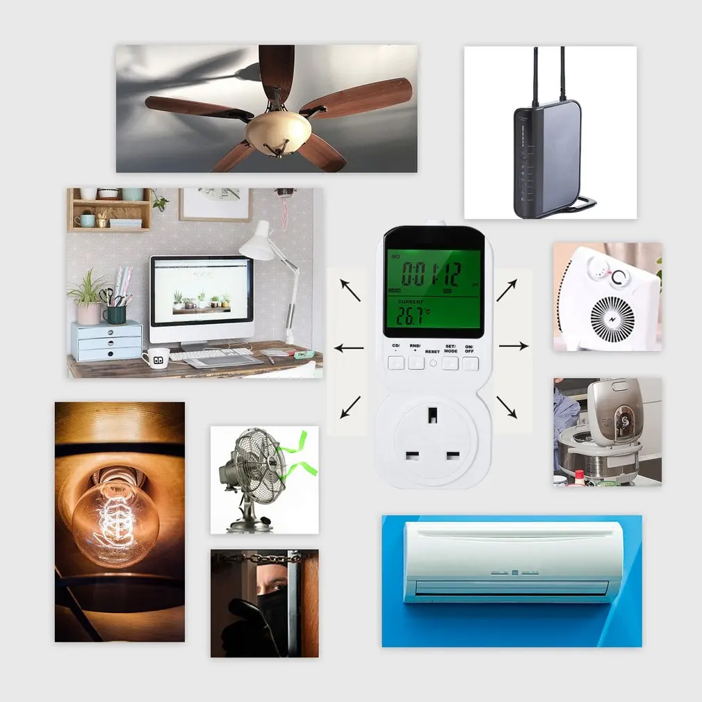 Multi-function LCD Display Thermostat Timer Switch Socket with Sensor Probe Digital Clock Adjustable 12/24 Hour Energy-saving