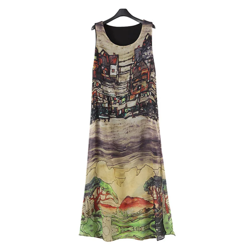 

2019 Spring Clothing Europe And America Large Size Dress Fat Mm Slimming Hand-Painted Landscape Painting Sleeveless Chiffon Dres