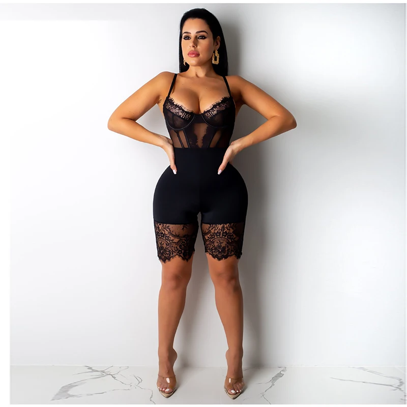 Hollow Out Backless Sexy Jumpsuit Women Spaghetti Straps See Through Mesh Splice Lace Playsuit Party Club Wear Rompers - Цвет: Черный