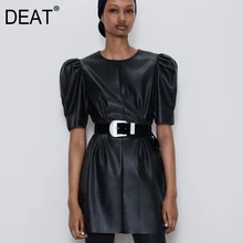 [DEAT] зимний модный тренд, узор, Офисная Леди, высокое качество, искусственная кожа, круглый вырез, пышные рукава, платье AT892