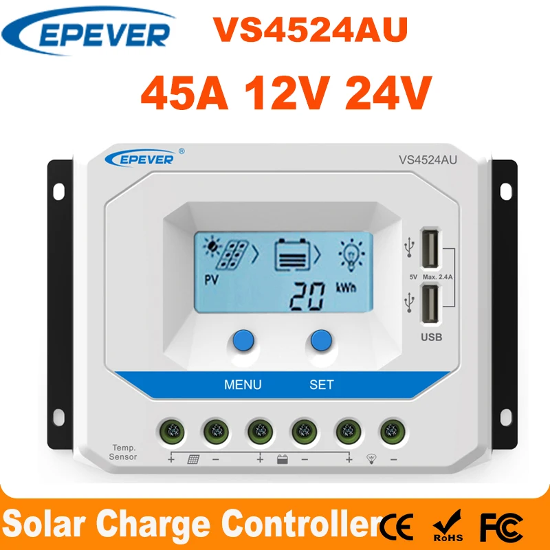 EPEVER 45A Solar Controller 12V 24V Auto VS4524AU PWM Charge Controller ...
