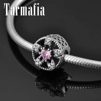 

Holiday gifts 925 Sterling Silver hollow out flower shape pink Heart CZ Beads Fit Original Women Charm Bracelet Jewelry making
