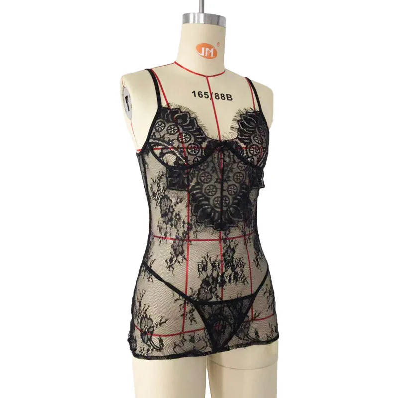 SKMY Summer New 2024 Sexy Nightclub Party Black Lace Perspective Spaghetti Strap Dress And Thong 2 Piece Outfit Set Women