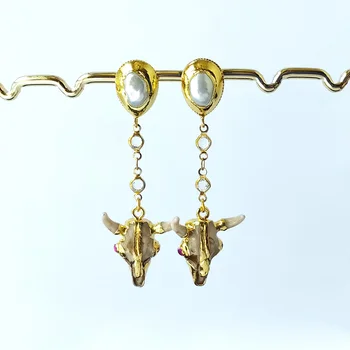 

4Pairs Electroplate Gold color pearl beads earrings,Resin cattle bull head dangle earrings jewelry for women Jewelry gift ER998