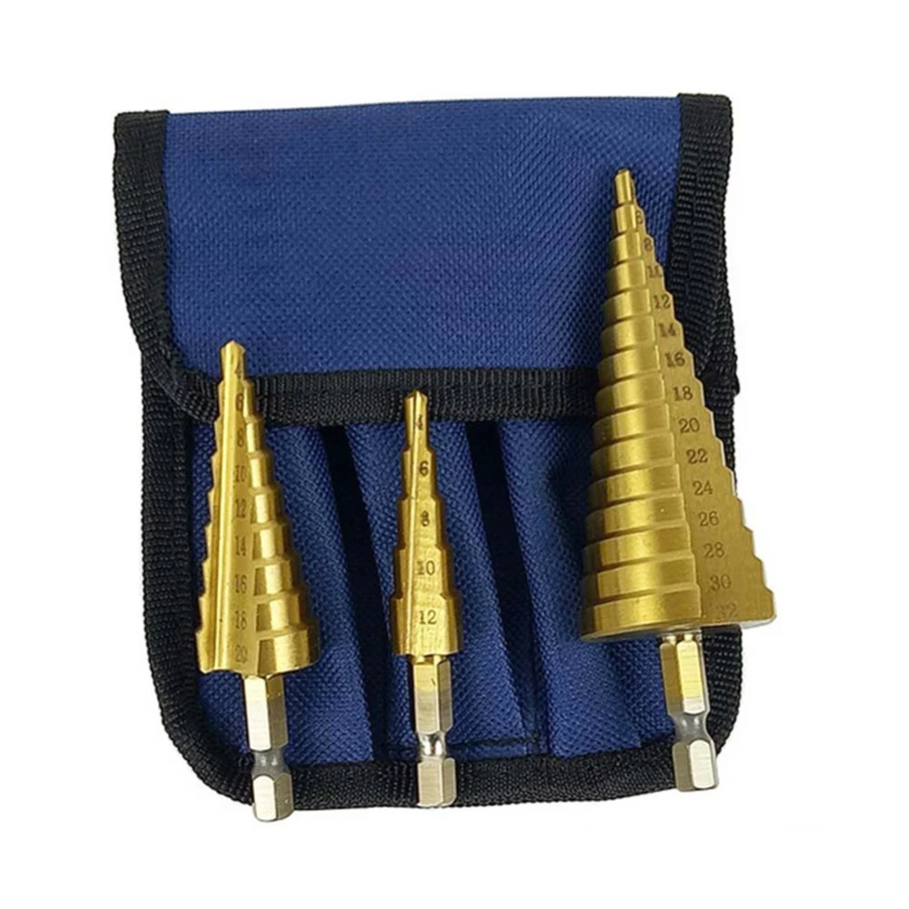 

3pc Hss step drill bit set cone hole cutter Taper metric 4 - 12 / 20 / 32mm 1 / 4 "titanium coated metal hex core drill bits