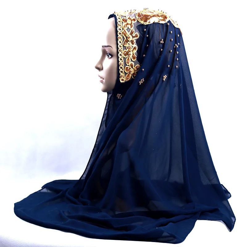 7 navy blue Бисероплетение Блестки цветочный мусульманский головной платок шифон длинный платок женский красивый свадебный платок-хиджаб арабский тюрбан головные уборы - Цвет: 7 navy blue