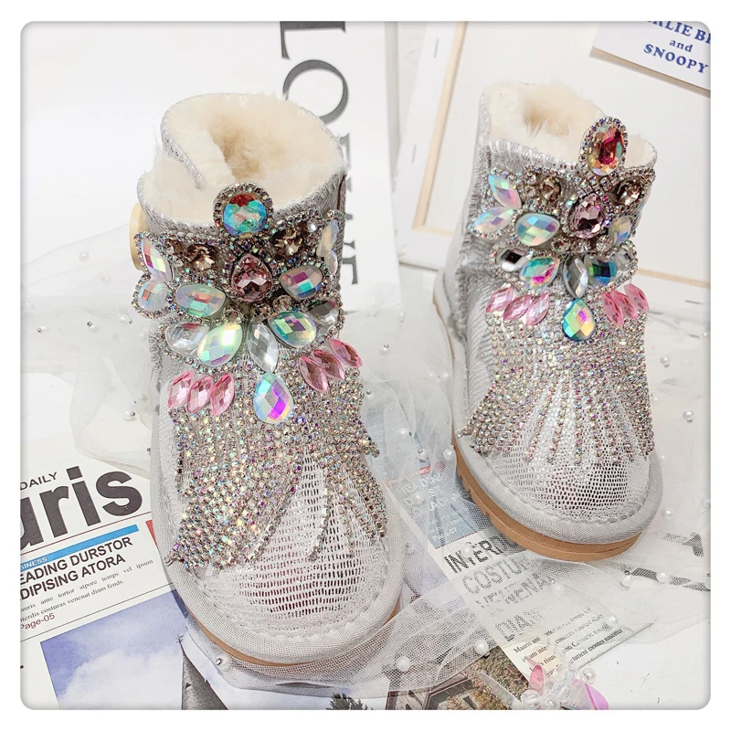 Зимние детские ботинки; ботильоны со стразами для маленьких девочек; Теплая обувь из натуральной кожи для малышей; женские брендовые ботинки; модные мягкие ботинки - Цвет: Серебристый
