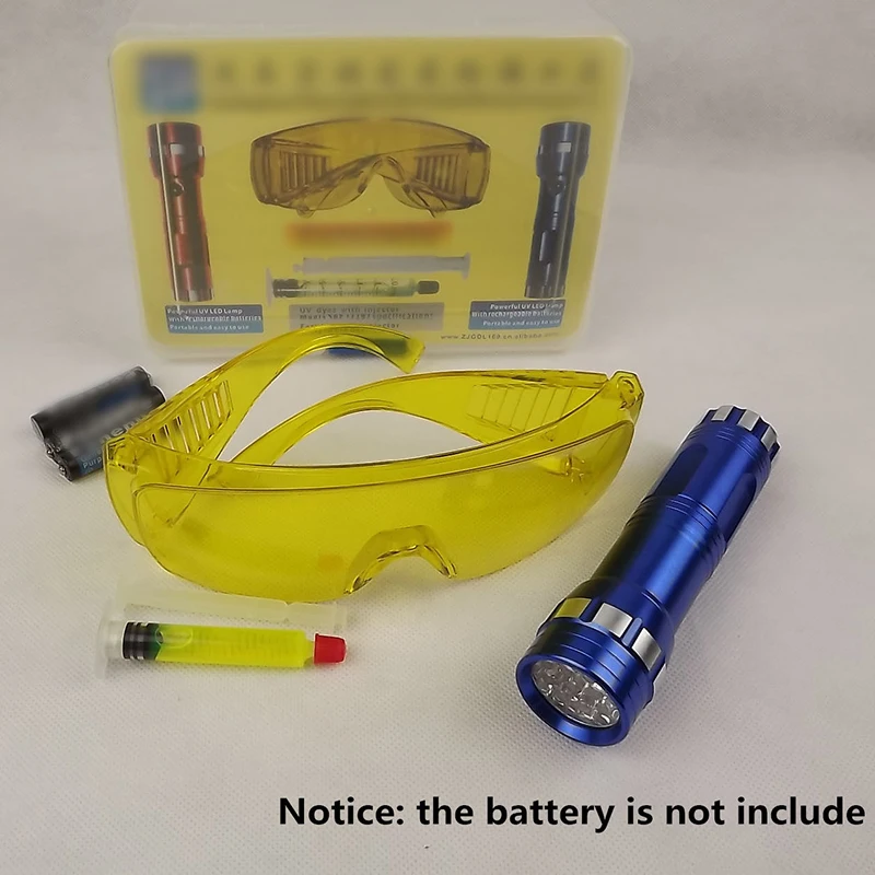 

1pcs Fluorescent Oil Flashlight Fluorescent Leak Detector 14LED Flashlight Safety Glasses For Car A/C System Leak Detection