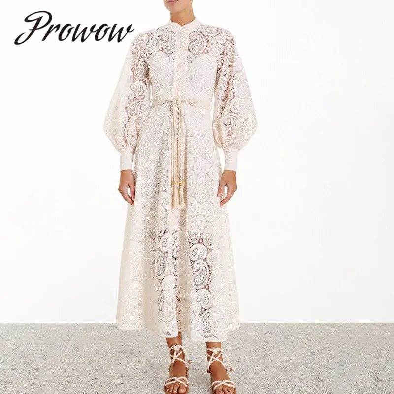

Prowow New Runway Vintage LaceDress Spring Summer New Fashion Design Long Lantern Sleeve Flower Beige Long Dress Belt Women