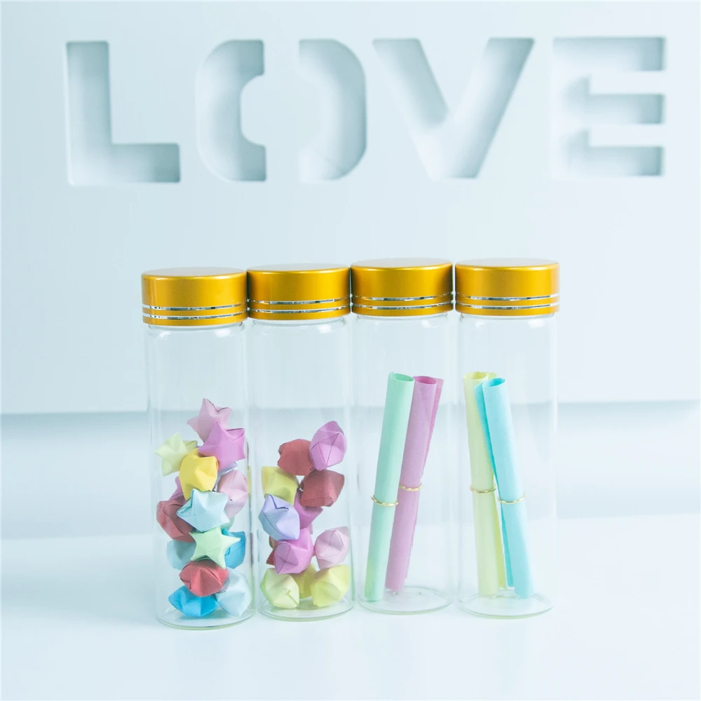 50Pcs 50ml Hyaline Bayonet Glass Bottles Spiral Plastic Lid with Golden Tangent Mini Craft Vials Candy Food Pot