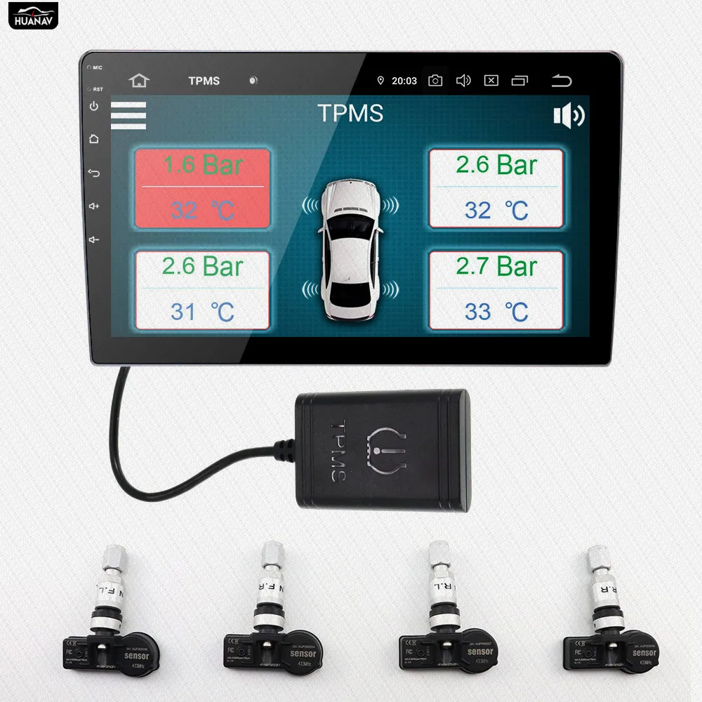 HUANAV USB Android TPMS система контроля давления в шинах Дисплей Сигнализация 5 в внутренние датчики навигация автомобильное радио 4 датчика