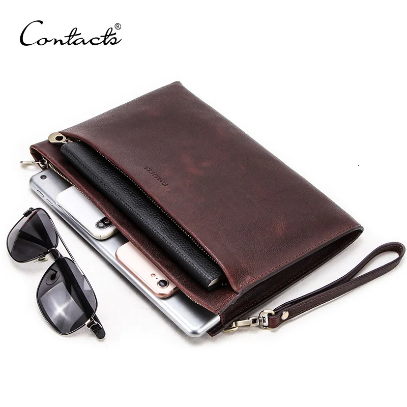 

Contact's Genuine Leather Men Day Clutches Hand Strap Metal Zip Long Envelope Pouch Casual Male Wristlet Handbag For 7.9" Ipad