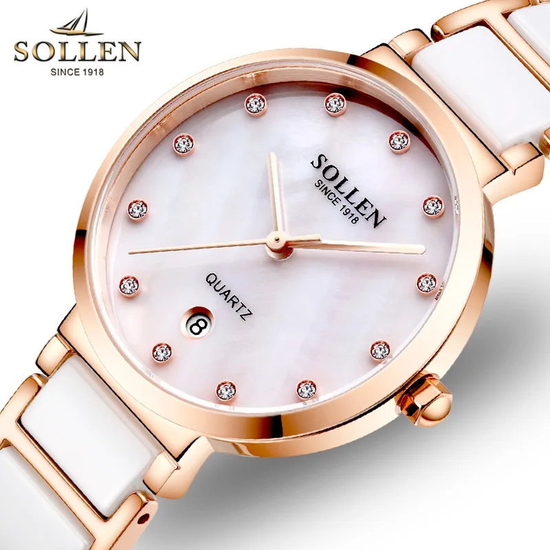 SOLLEN, женские часы, бриллиантовый керамический стальной ремешок, женские часы с датой, Кварцевые водонепроницаемые часы, Montre Femme, наручные часы SL407
