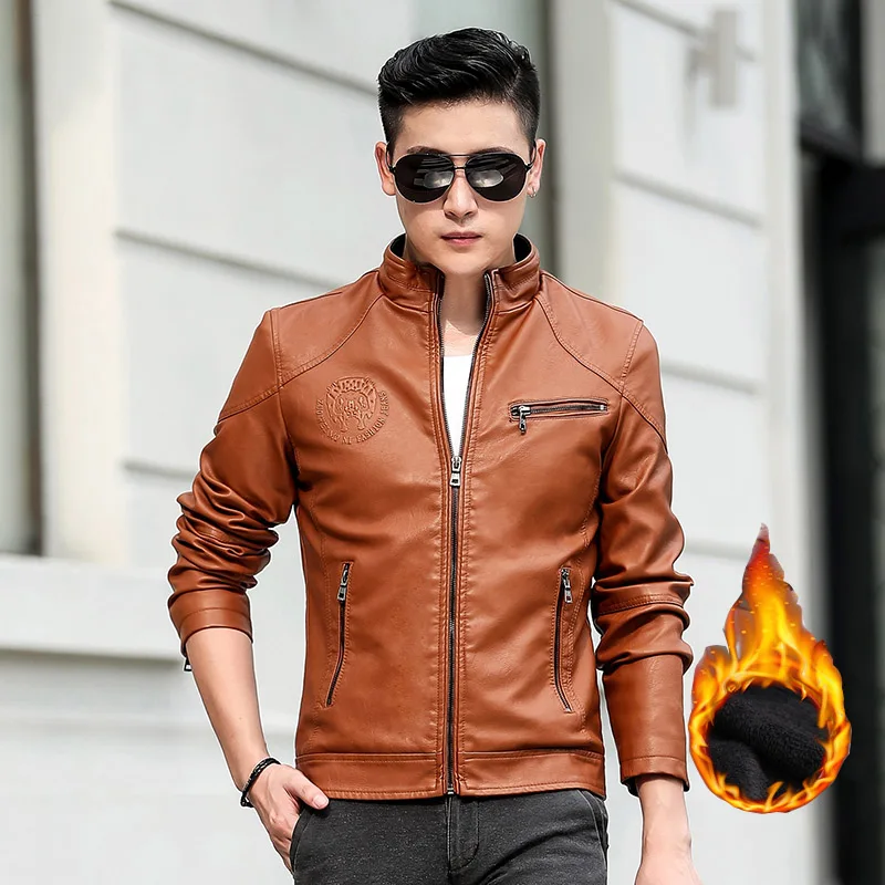 Brown Fleece Мужская куртка из искусственной кожи брендовая одежда флисовая подставка для печати воротник молния повседневное Пальто мотоциклетная Мужская куртка; YA110 - Цвет: Brown Fleece