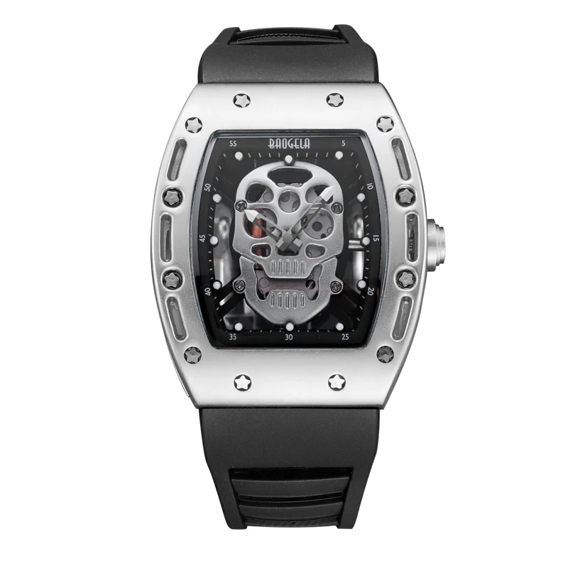 Baogela hommes mode militaire bracelet en Silicone Rectangle cadran crâne visage Sport Quartz montres BGL1612G-1