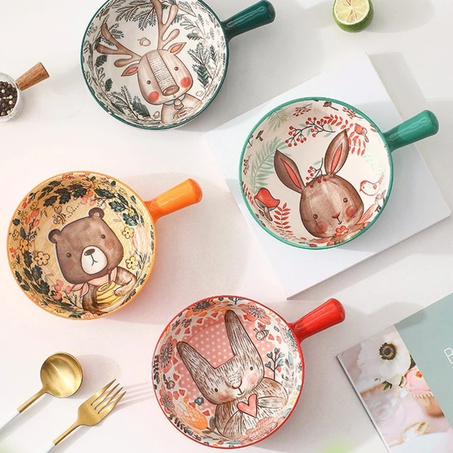 2021 New Nordic Ceramic Bowl with Handle Breakfast Noodle Fruit Bowl Forest Animal Design Dessert Soup Bowl 4 Pattern 4