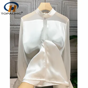 

12.16 Women New Silk Shirt Temperament Fashion Stand Collar Patchwork long sleeve Blouses