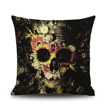 

Halloween Skull Pattern Square Throw Pillow Case Cushion Cover Sofa Decor, Black Flowers