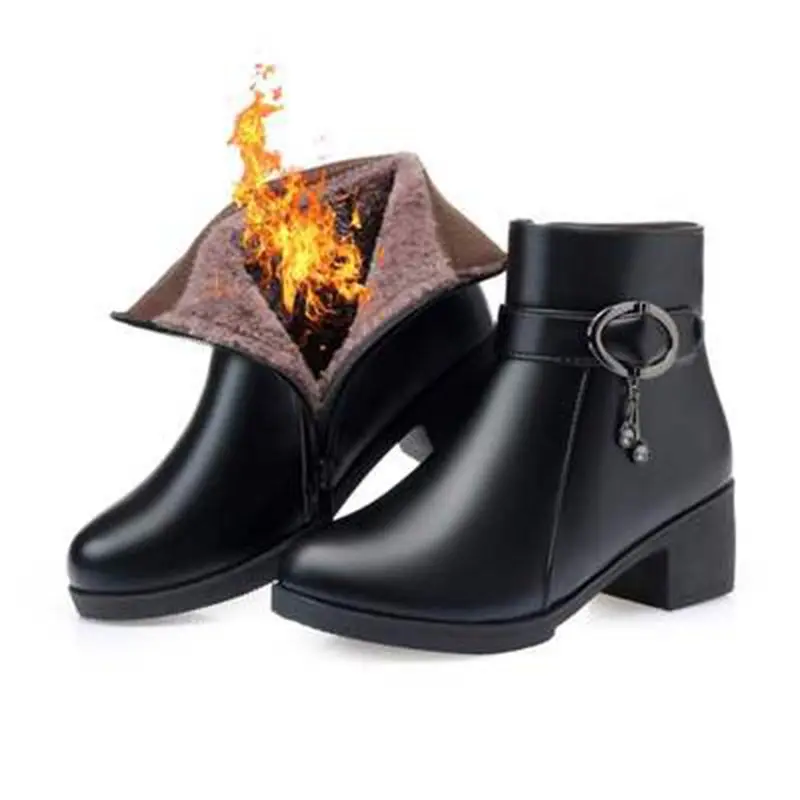 ZZPOHE/ г., Зимние Модные женские Теплые ботильоны женские водонепроницаемые ботинки из натуральной кожи на низком квадратном каблуке женская хлопковая обувь - Цвет: black