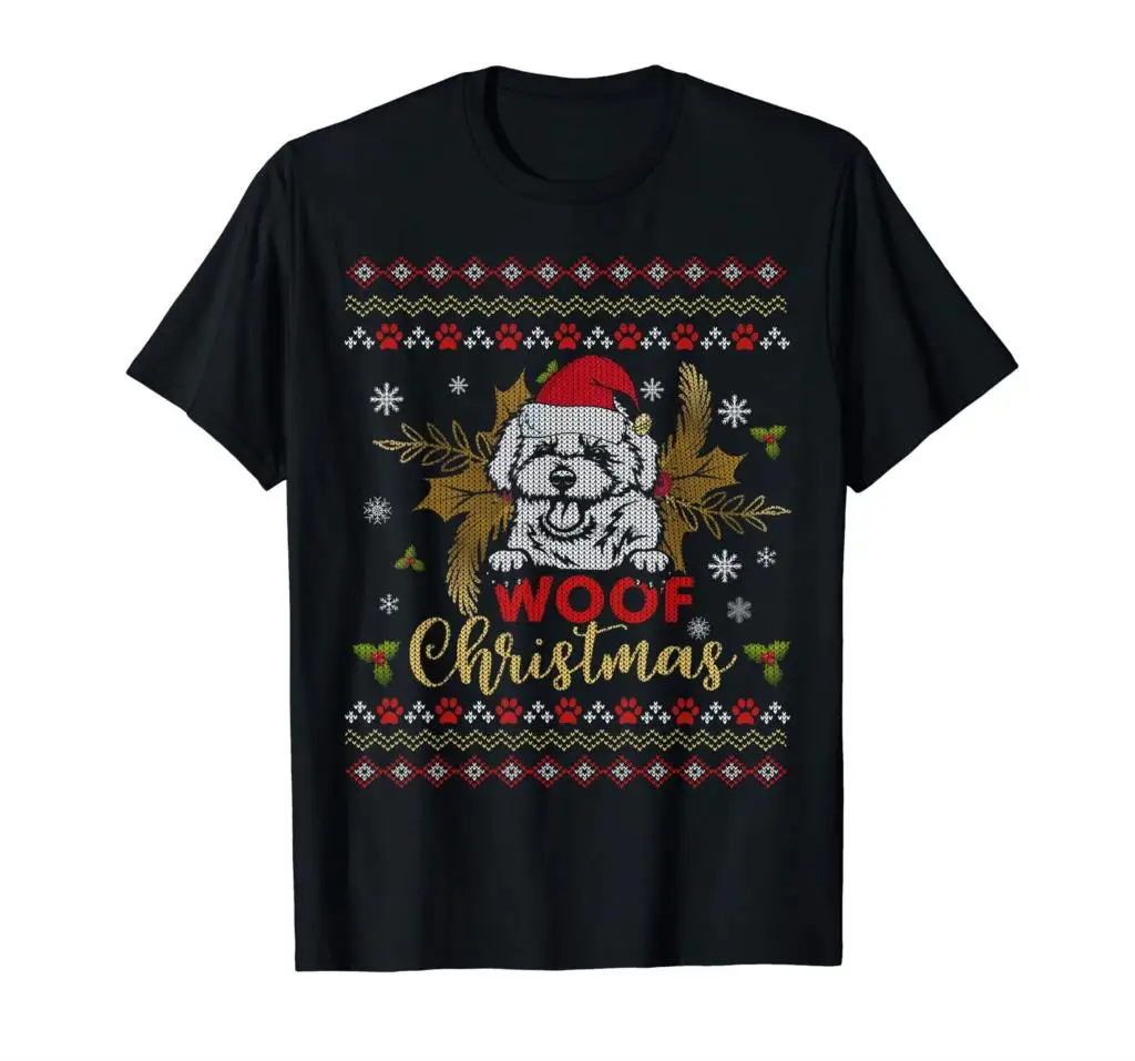 Woof Bichon Frise Ugly Dog Christmas 2019 T-Shirt-Men's T-Shirt-Black |