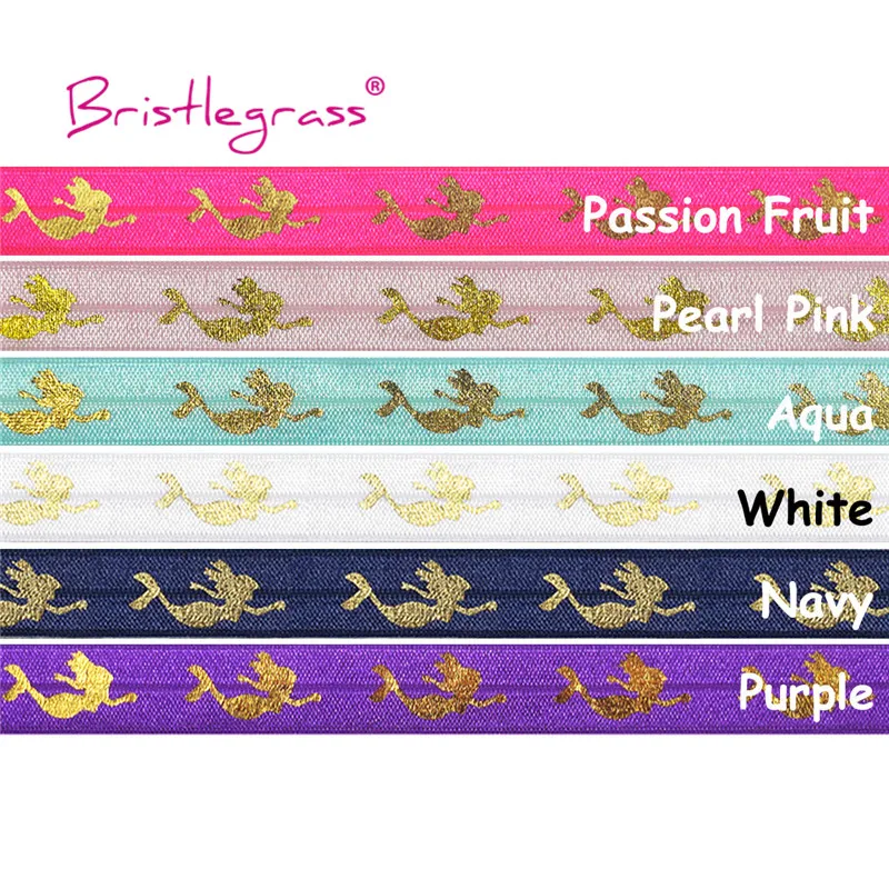 

BRISTLEGRASS 50 100 Yard by Roll 5/8" 15mm Mermaid Foil Print Fold Over Elastics FOE Spandex Bands Hair Tie Headband Sewing Trim