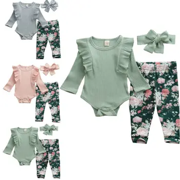 

2020 Newborn Infant Baby Girls Christmas Clothes long sleeve Solid Romper top Playsuit Floral Pants headband 3pcs Outfit