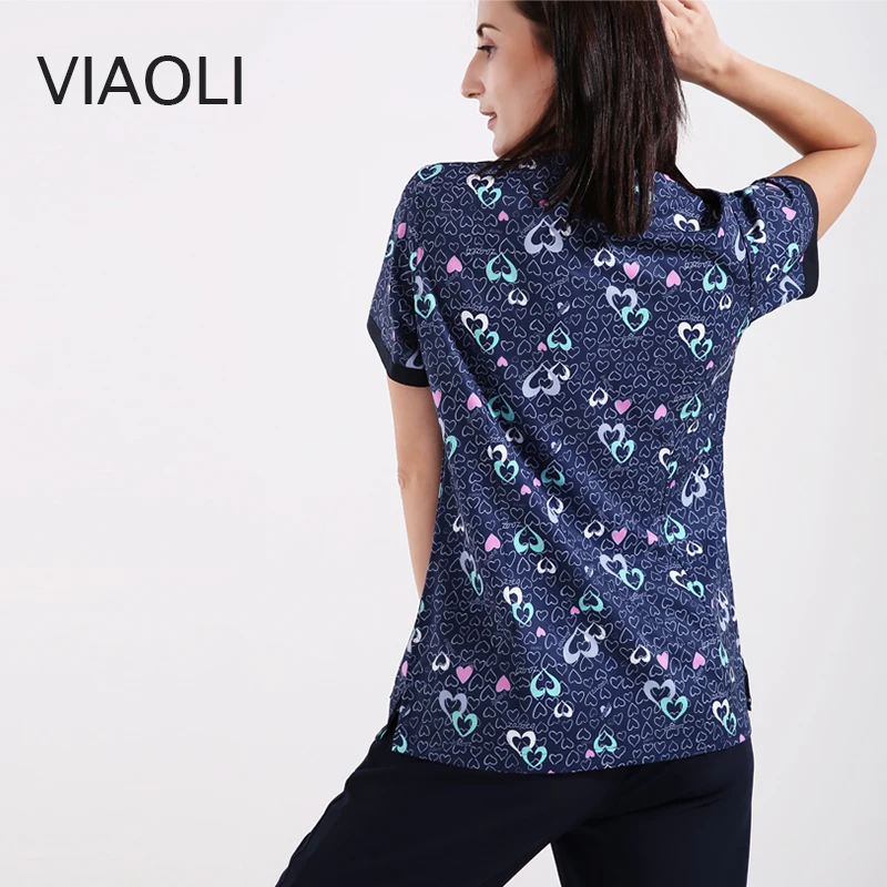 Blue V-neck printed surgical gown medical suit, summer breathable cotton nurse scrub uniform ,top and pants