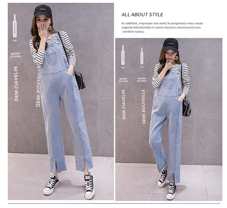 3259# Light Blue Washed Denim Maternity Jumpsuit Large Size Loose Autumn Fashion Overalls for Pregnant Women Pregnancy Bib Pants