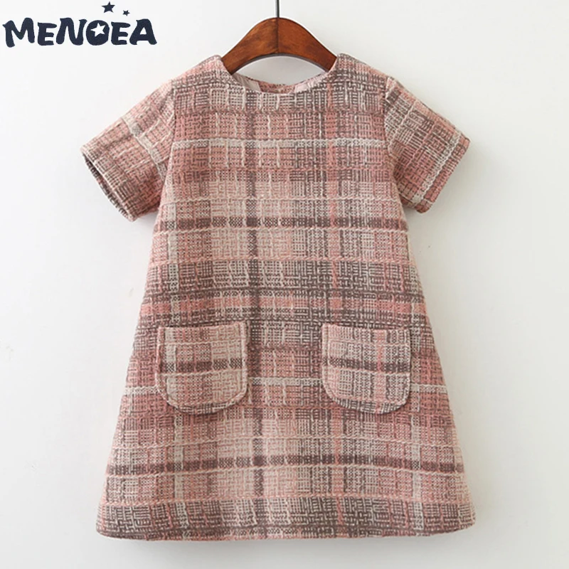 Menoea/платье для девочек; Новая брендовая одежда для девочек; детская одежда в клетку; модное дизайнерское платье для маленьких девочек с короткими рукавами и круглым вырезом и карманами