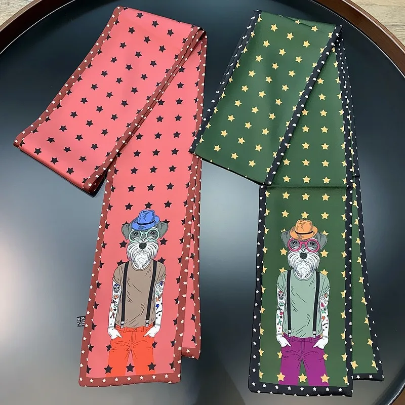 

Spring Fashion Lady Accessories Double-deck Character Printing Satins 100% Silk Scarvs Neckerchief Long Narrow Scarf Silk Ribbon