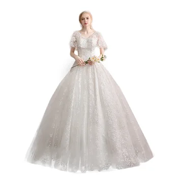 

Holievery Capped Short Sleeves Ball Gown V Neck Wedding Dresses with Appliques 2020 Floor Length Wedding Gowns robe de mariee