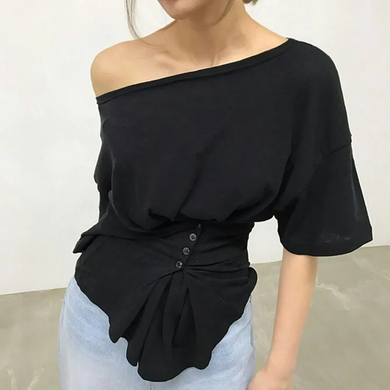 

Solid Irregular T Shirt For Women O Neck Short Sleeve Slim Button Ruched Tops Female Summer 2019 Fashion Clothes New