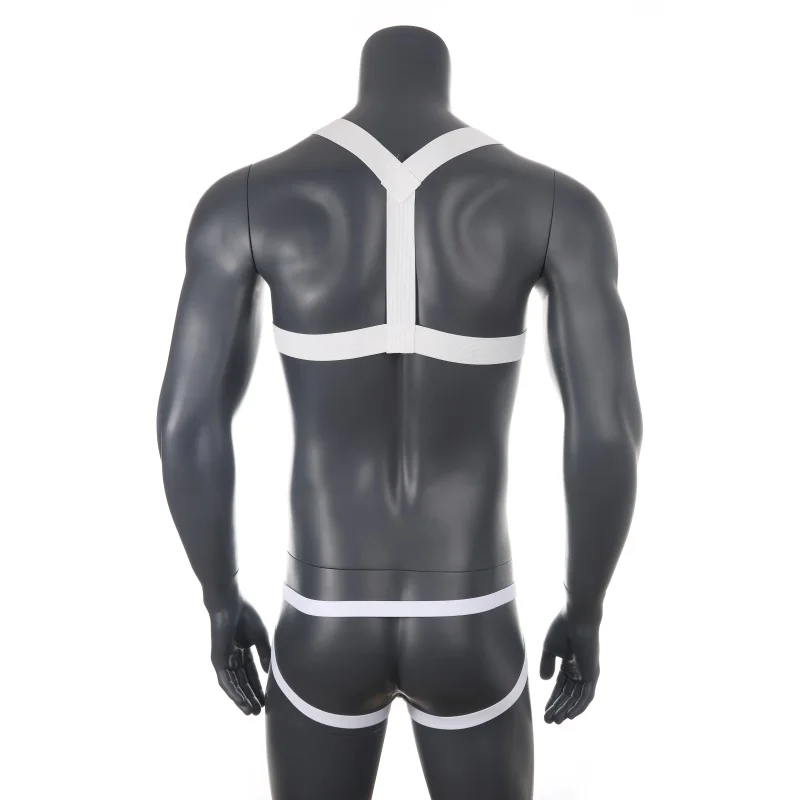 White G-String Thong Jockstrap Set Male Body Chest Harness Style Lingrie Performance Arm Band Bondage Elastic Shoulder Fetish